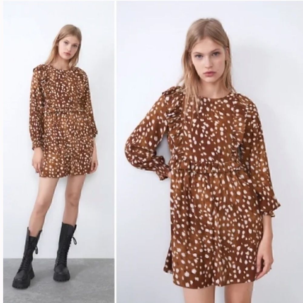 NEW ZARA Brown Patterned Long Sleeve Dress